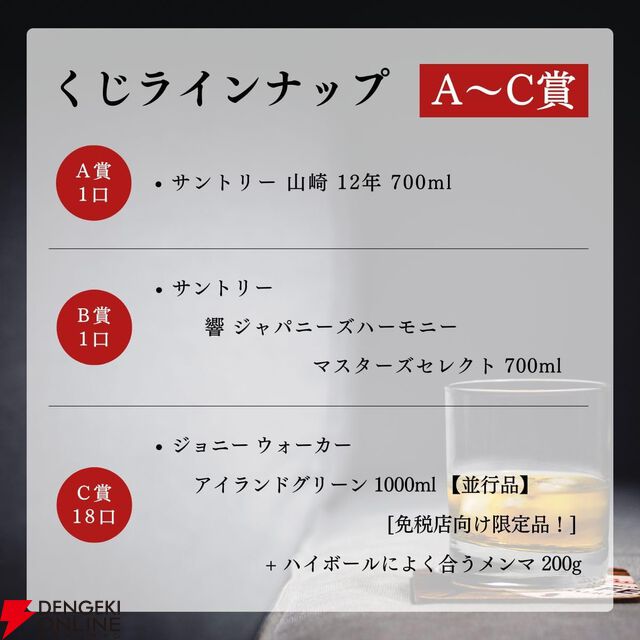 9,980円で山崎12年or響マスターズセレクトが1/10で当たる。末等でもが届くジョニーウォーカー アイランドグリーン1,000ml＋ハイボールによく合うメンマ200gセットが届く『ウイスキーくじ』が販売中