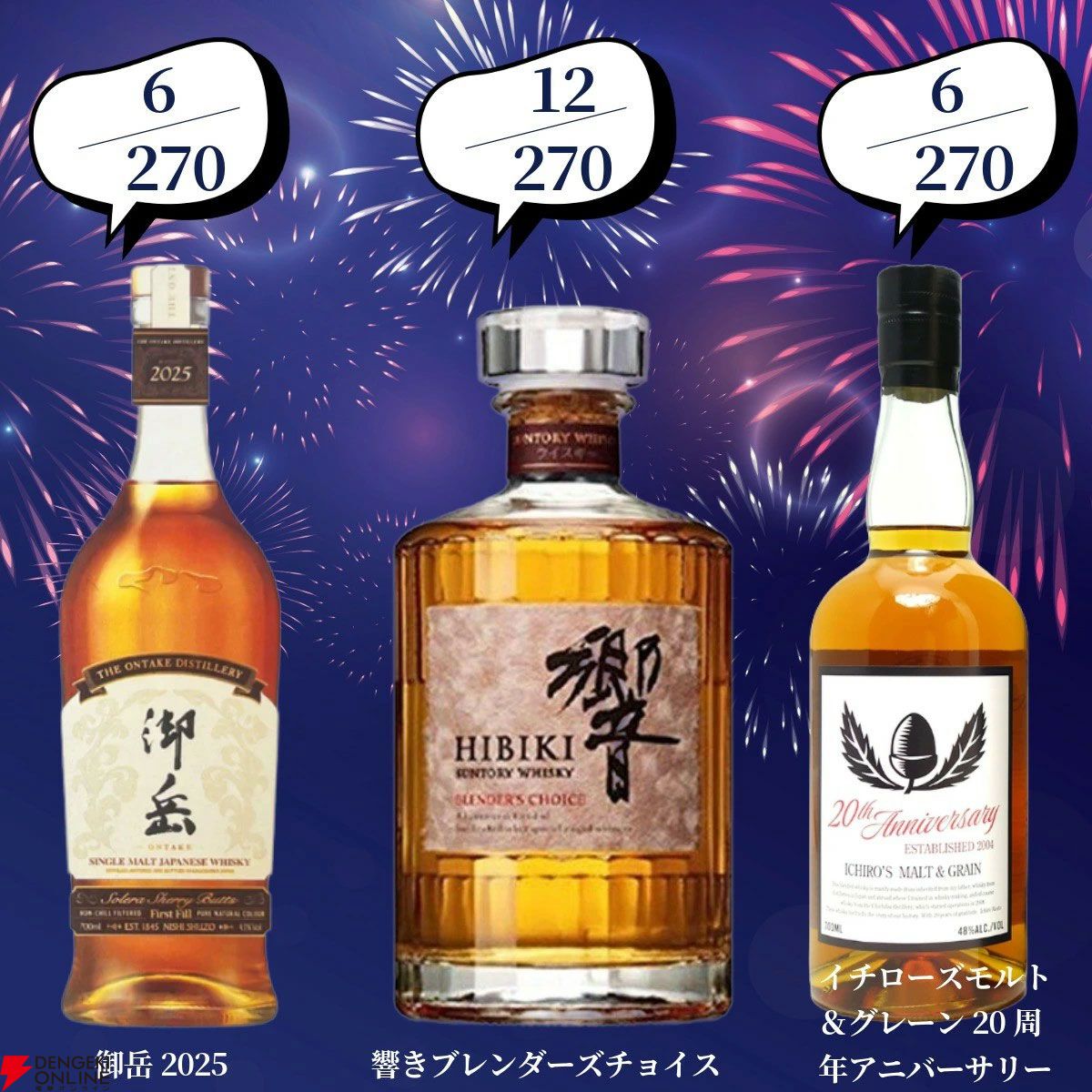 創業記念の豪華版。22,000円で響30年、マッカラン25年、山崎・白州18年