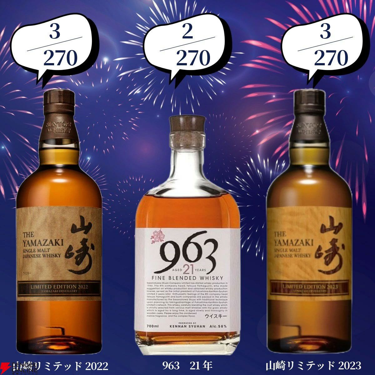 響　マッカラン 創業記念の豪華版。22,000円で響30年、マッカラン25年、山崎・白州18年