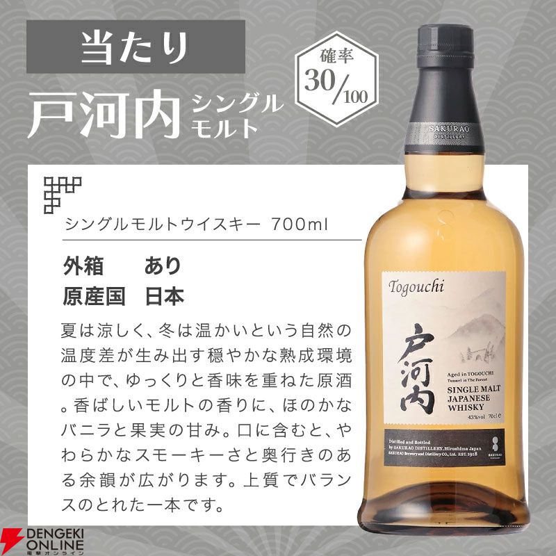 響BC、戸河内、桜尾、知多のどれかが届く8,200円の『ウイスキーくじ』が販売中