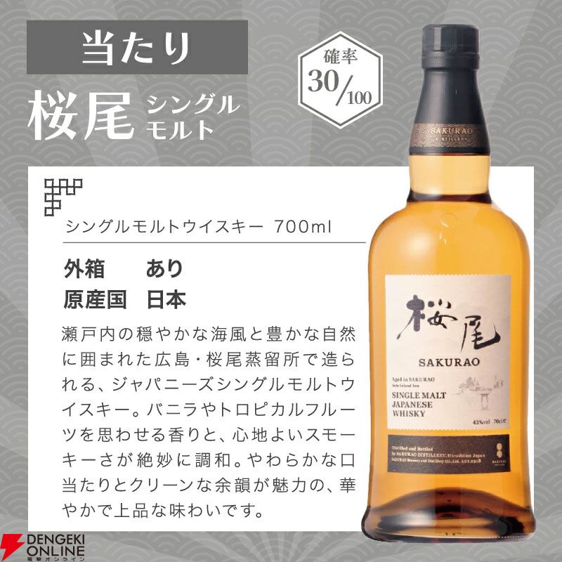 響BC、戸河内、桜尾、知多のどれかが届く8,200円の『ウイスキーくじ』が販売中
