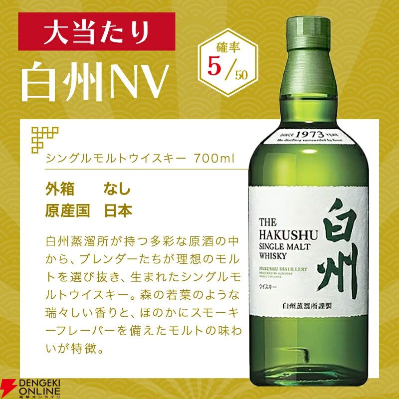 白州NVか知多のどちらかが届く6,900円の『ウイスキーくじ』が販売中