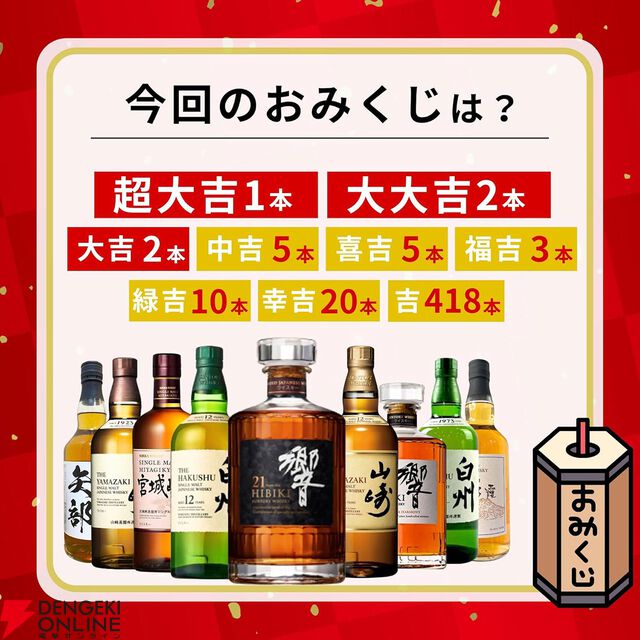 4,980円で響21年、山崎12年、白州12年、響JHなどが当たるウイスキーみくじ“特別企画”第2弾が販売中
