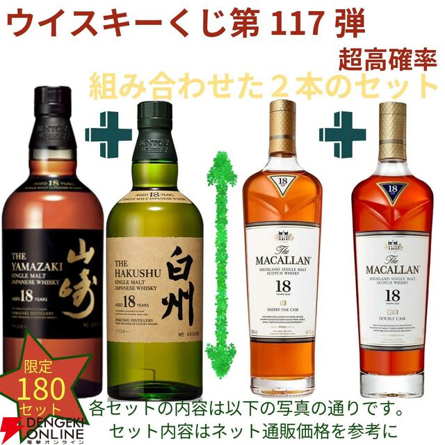 22,000円で山崎18年＋白州18年、マッカラン18年シェリーオーク＋18年ダブルカスクのセットなどが当たる2本セットの『ウイスキーくじ』が販売中