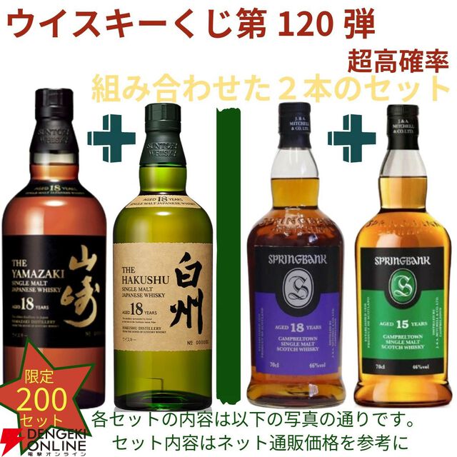 21,180円で山崎18年＋白州18年、スプリングバンク18年＋スプリングバンク15年のセットなどが当たる2本セットの『ウイスキーくじ』が販売中