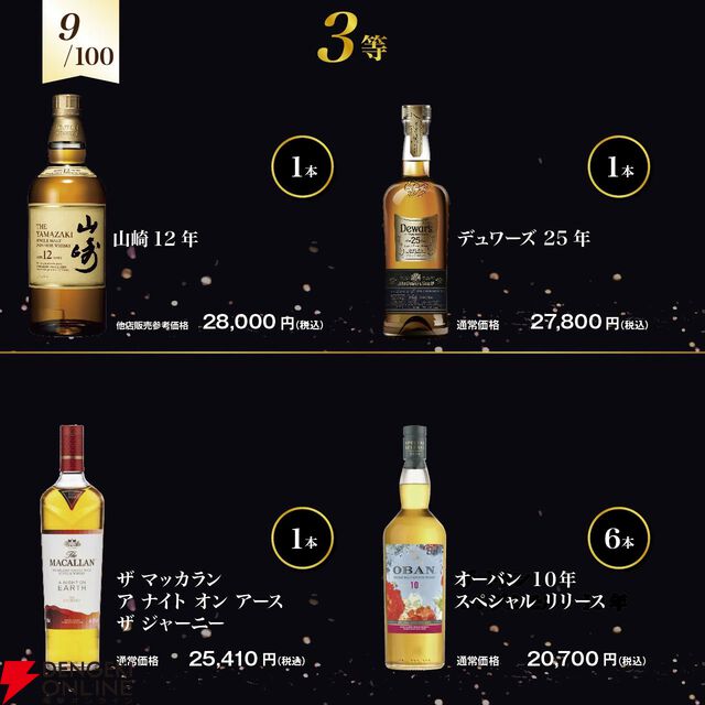 17,800円で山崎18年、ジョニーウォーカー アイスシャレー、ロングモーン18年、香掬 オールドシェリーバット 15年などが当たる2本セットの『ウイスキー福袋（くじ）』第7弾が販売中