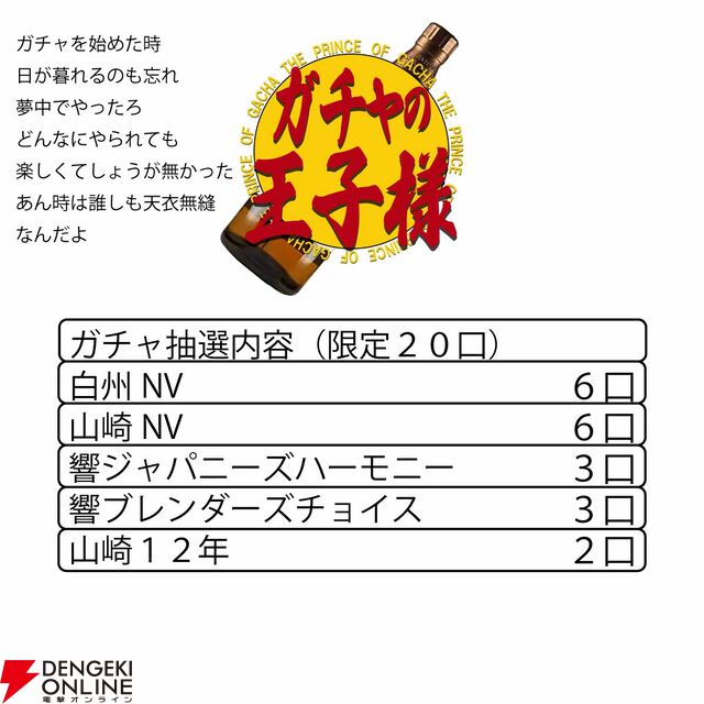 15,000円で山崎12年、響BC、響JH、山崎NV、白州NVのどれかが当たる。人気の『ウイスキーガシャ』が2,610円値引きされ再販開始
