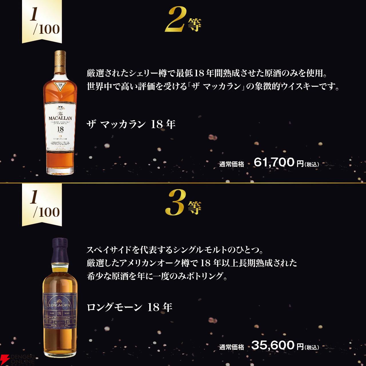熟成18年以上の銘柄のみがラインアップ。14,200円でベンリネス21年スペシャルリリース、マッカラン18年、ロングモーン18年などが当たる極上ウイスキーくじが販売中