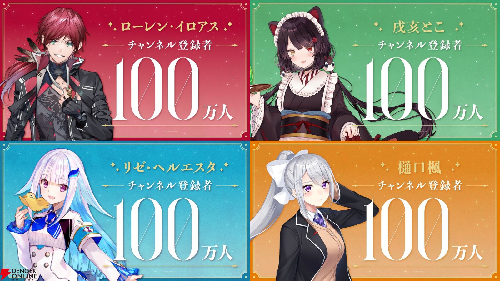 【にじさんじ】樋口楓さん、リゼ・ヘルエスタさん、戌亥とこさん、ローレン・イロアスさんがYouTube100万登録を達成。4日で4人が到達の珍しい祝宴に