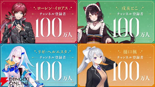 【にじさんじ】樋口楓さん、リゼ・ヘルエスタさん、戌亥とこさん、ローレン・イロアスさんがYouTube100万登録を達成。4日で4人が到達の珍しい祝宴に