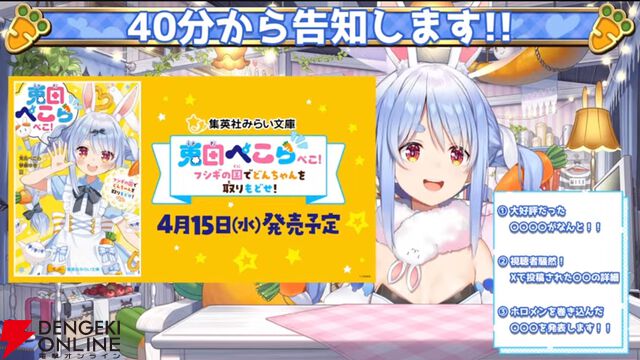 【ホロライブ】兎田ぺこらさんが生配信で3つの重大告知。百年梅酒缶、自身が主役の児童小説、『マリオテニス』大会を発表