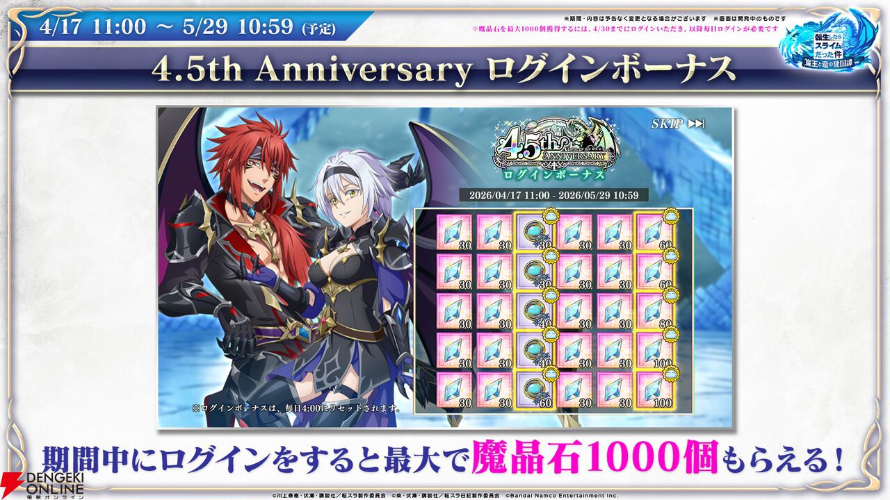 【転スラ】『まおりゅう』4.5周年情報まとめ。新レアリティ★7追加。100連分のチケットや最大で魔晶石1000個がもらえるログボ、新加護キャラの選択券付きパックも