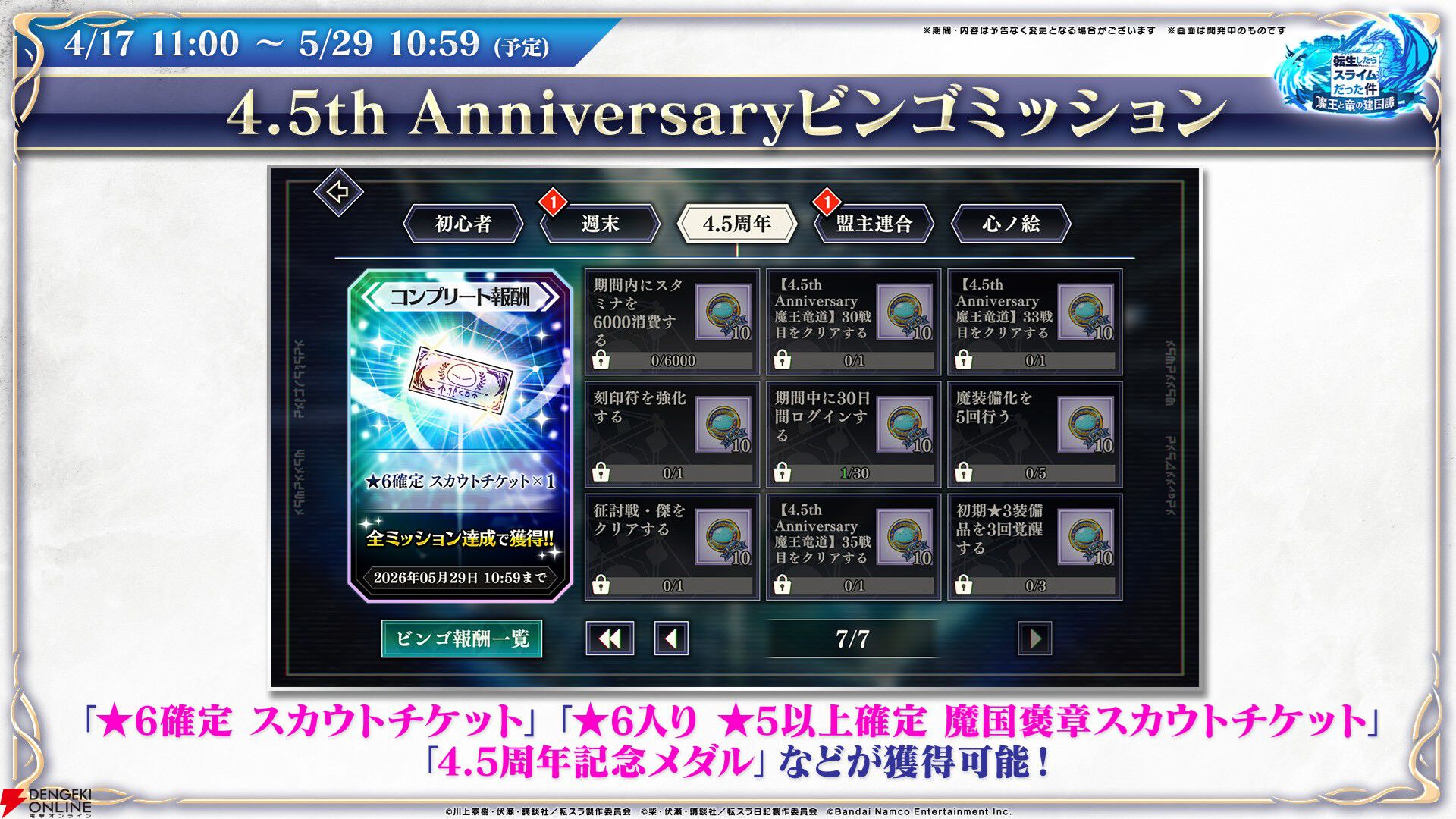 【転スラ】『まおりゅう』4.5周年情報まとめ。新レアリティ★7追加。100連分のチケットや最大で魔晶石1000個がもらえるログボ、新加護キャラの選択券付きパックも