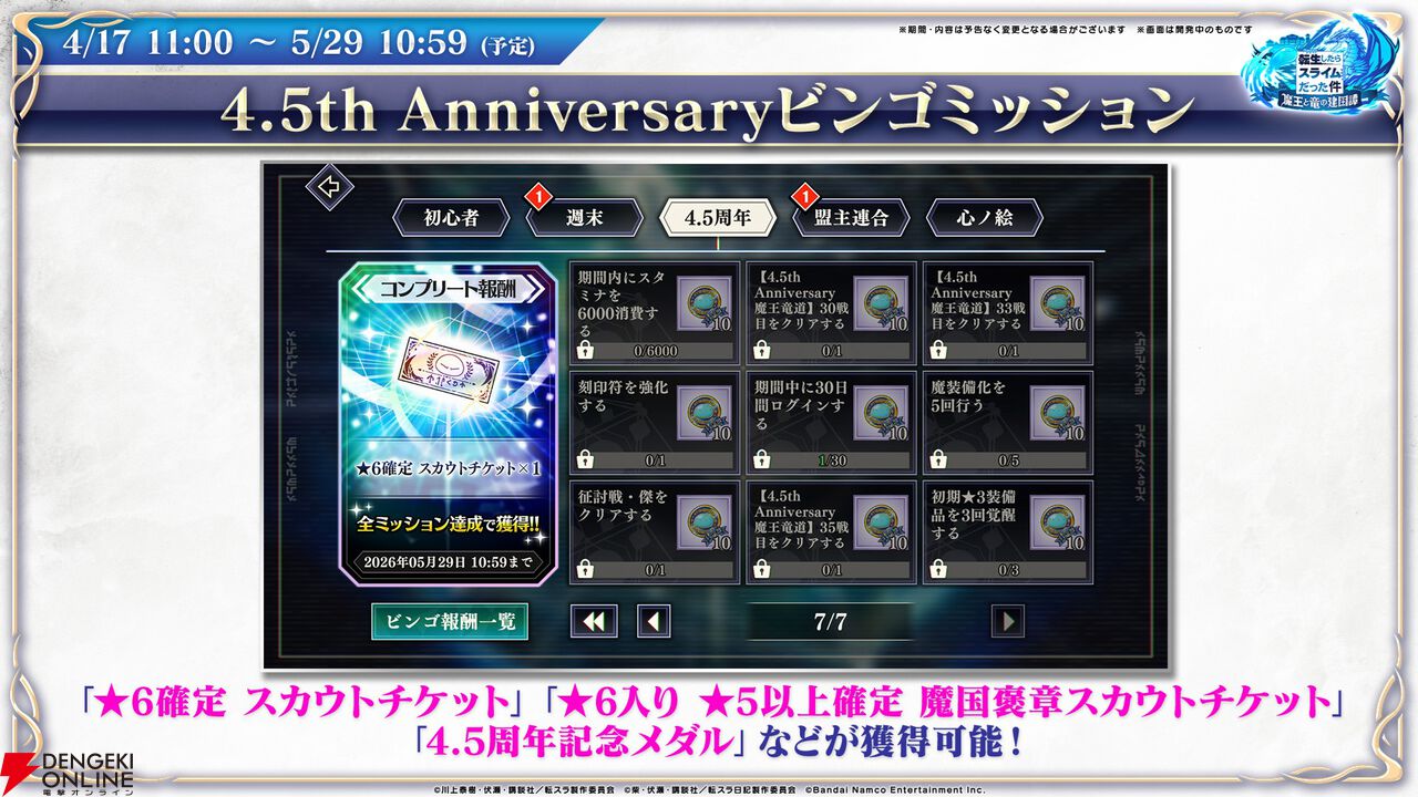 【転スラ】『まおりゅう』4.5周年情報まとめ。新レアリティ★7追加。100連分のチケットや最大で魔晶石1000個がもらえるログボ、新加護キャラの選択券付きパックも