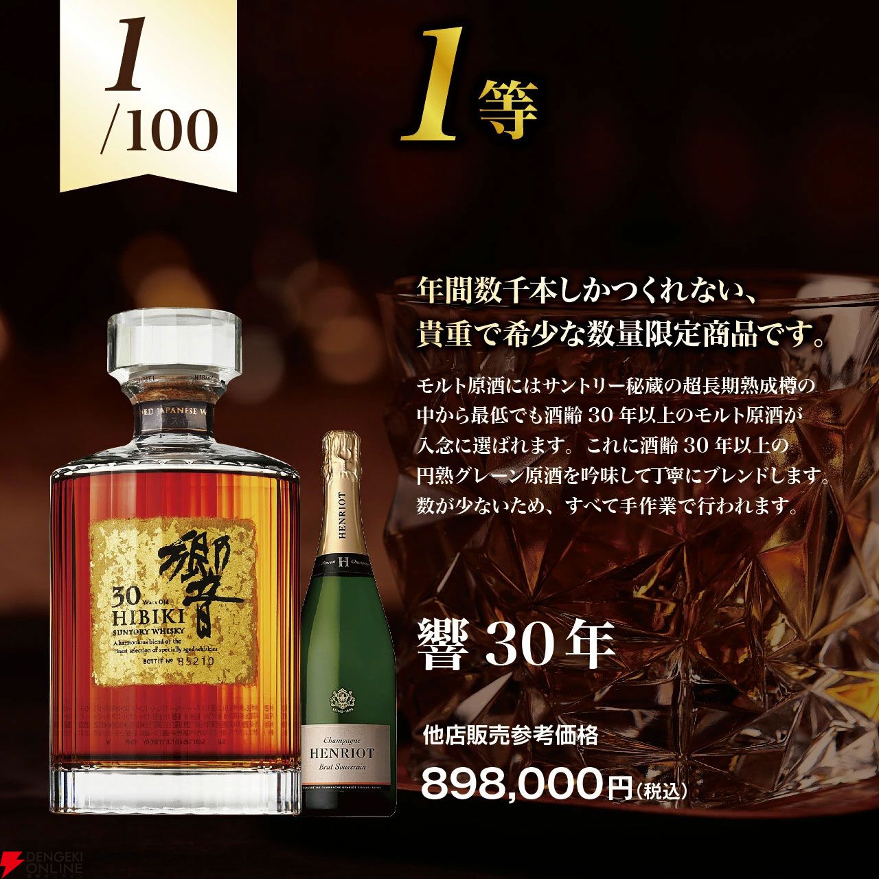 響30年が1/100！ そのほかペンリネンス21年、マッカラン18年シェリーオーク、ロイヤルハウスホールドなどが当たり、シャンパンも付いてくる2セットの『ウイスキーくじ』が販売中