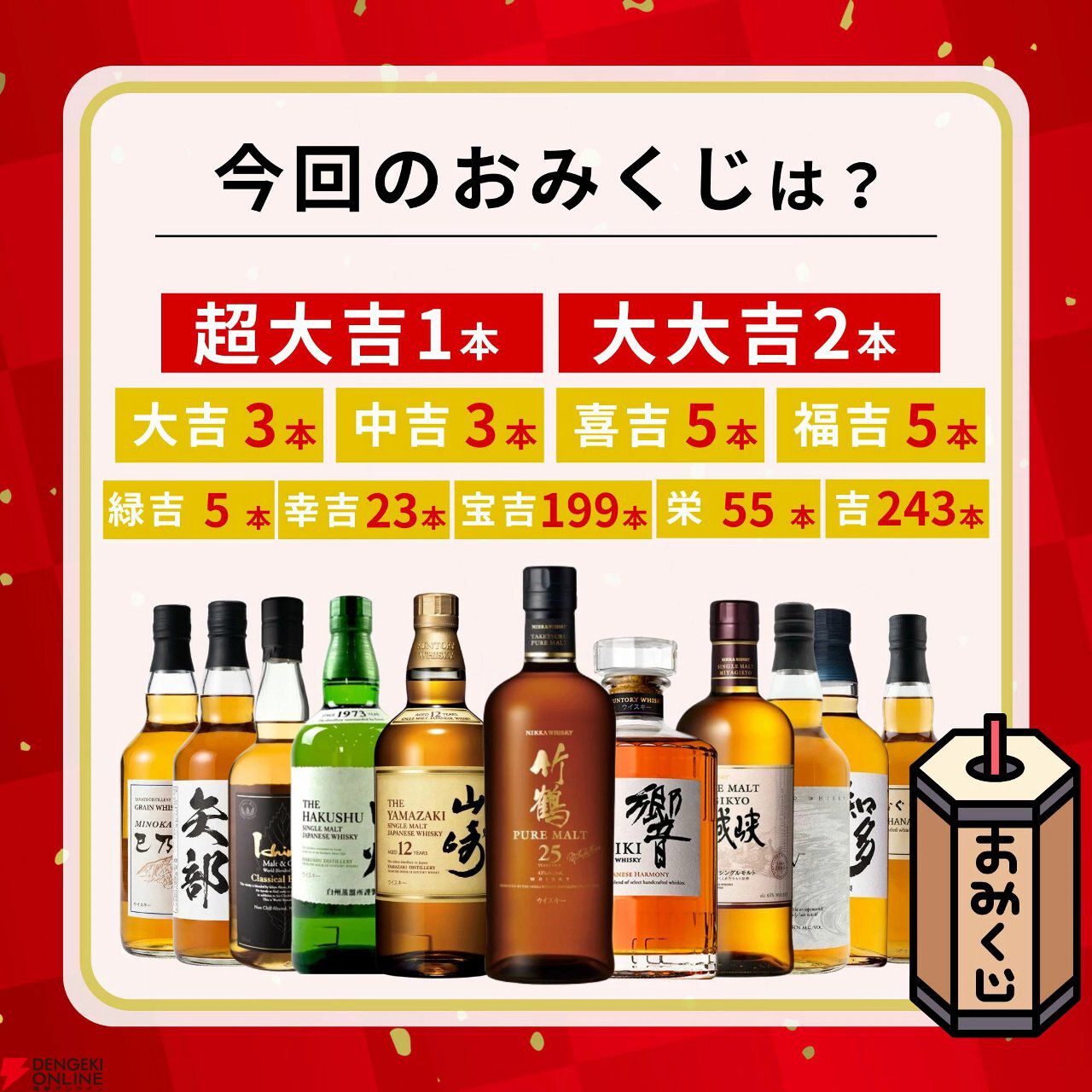 3,980円で竹鶴25年ピュアモルト、山崎12年シングルモルト、白州シングルモルトなどを狙える『極上ウイスキーみくじ』が販売中