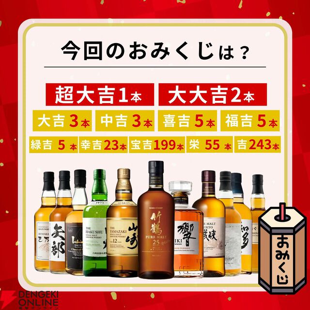 3,980円で竹鶴25年ピュアモルト、山崎12年シングルモルト、白州シングルモルトなどを狙える『極上ウイスキーみくじ』が販売中