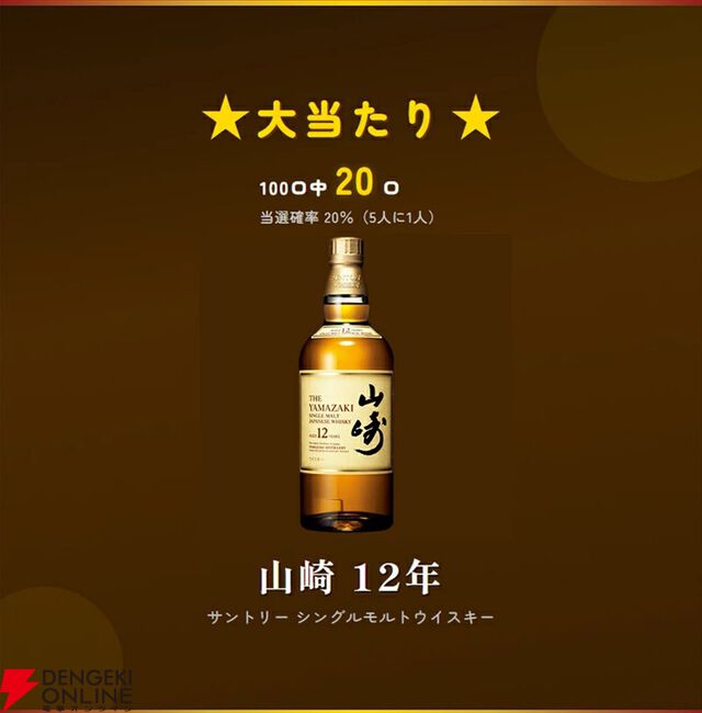 12,800円で山崎12年が1/5で当たる。ハズれても竹鶴or知多＋人気焼酎2本が届く豪華3本セットの『ウイスキーくじ』が販売中