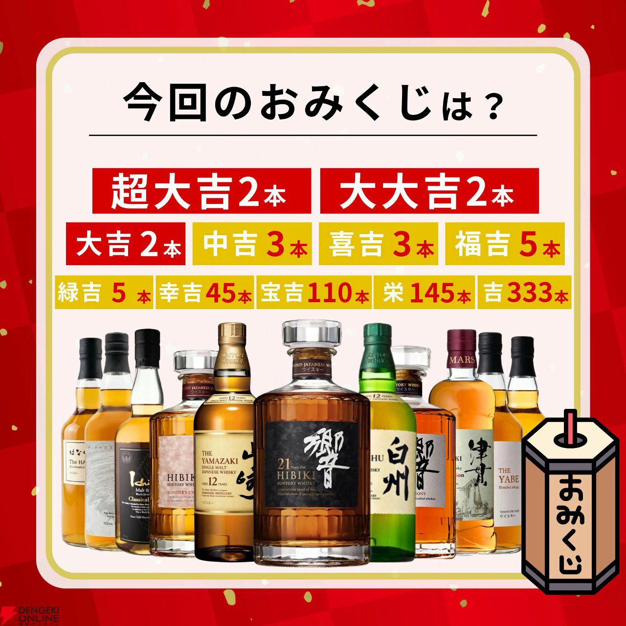3,980円で響21年、山崎12年、白州12年などの高級ウイスキーが狙える。『億万みくじ』第1弾スタート
