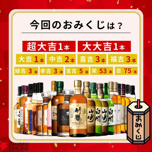 竹鶴21年＋響21年、山崎12年＋白州12年など激アツの2本セットを狙える。150口限定の『特選ウイスキー超高確率みくじ』が予約販売中