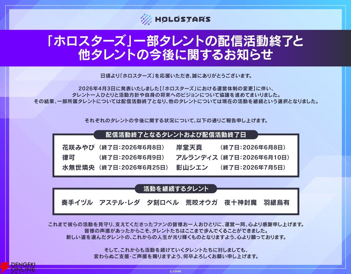【ホロスターズ】6名のタレントが配信活動終了。律可、影山シエン、アルランディスなど