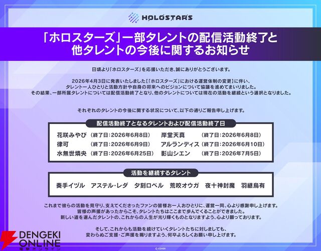 【ホロスターズ】6名のタレントが配信活動終了。律可、影山シエン、アルランディスなど