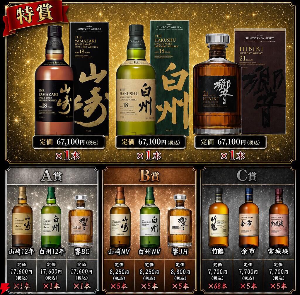 山崎、白州、響が約21％で当たるウイスキーくじ『99の扉』が販売中