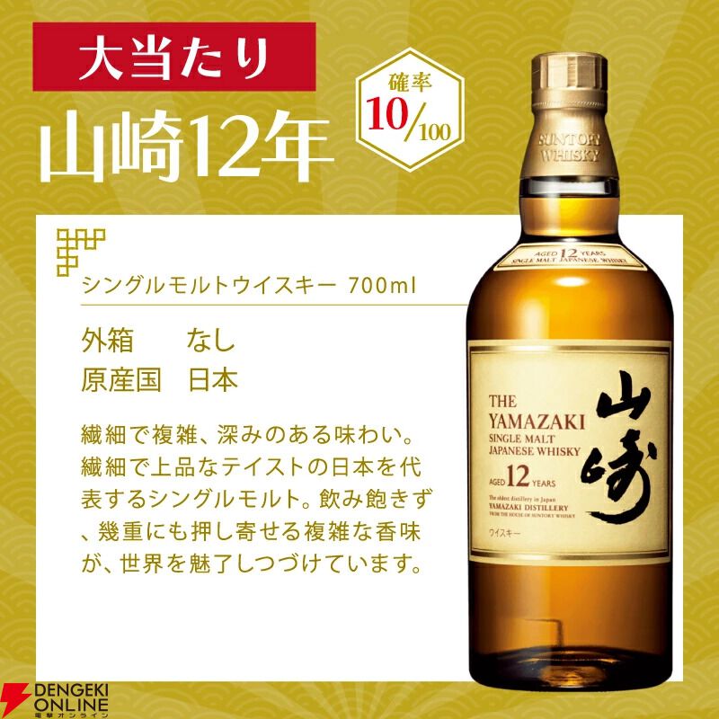 山崎12年が10％で当たる。はずれても竹鶴が手に入るウイスキーくじが