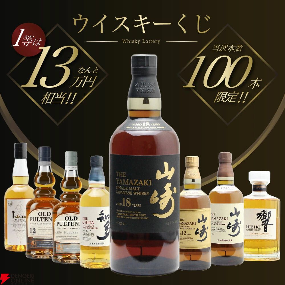 山崎18年、山崎12年、山崎NV、響JHのいずれかが15％で当たるウイスキー