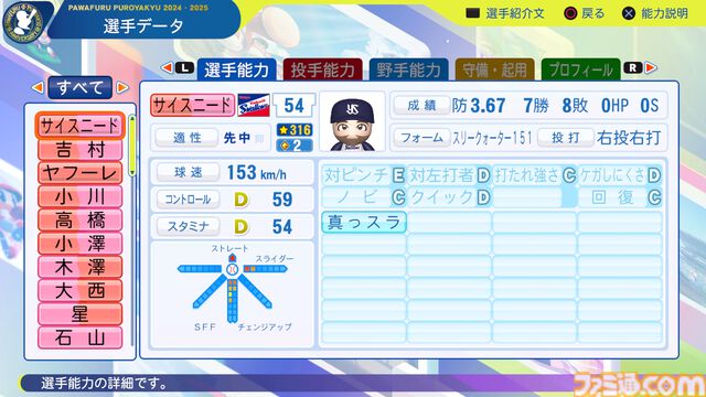 『パワプロ2024』東京ヤクルトスワローズ　サイスニード　選手能力