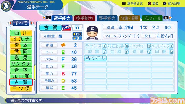 『パワプロ2024』東京ヤクルトスワローズ　古賀優大　選手能力