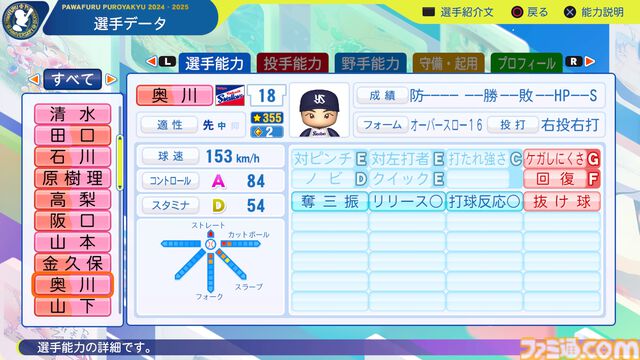 『パワプロ2024』東京ヤクルトスワローズ　奥川恭伸　選手能力
