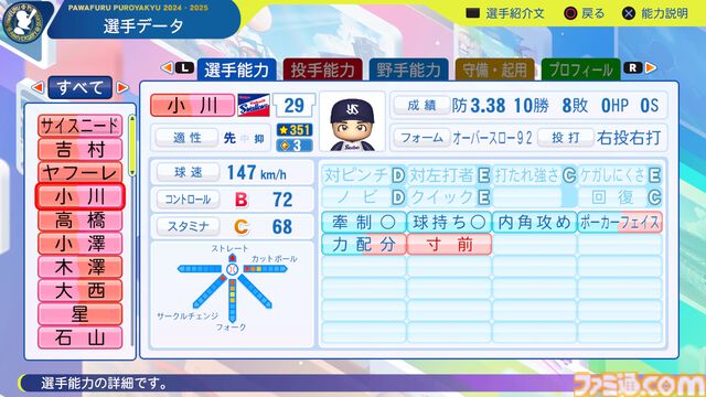『パワプロ2024』東京ヤクルトスワローズ　ライアン　小川泰弘　選手能力　