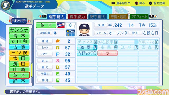 『パワプロ2024』東京ヤクルトスワローズ　並木秀尊　選手能力