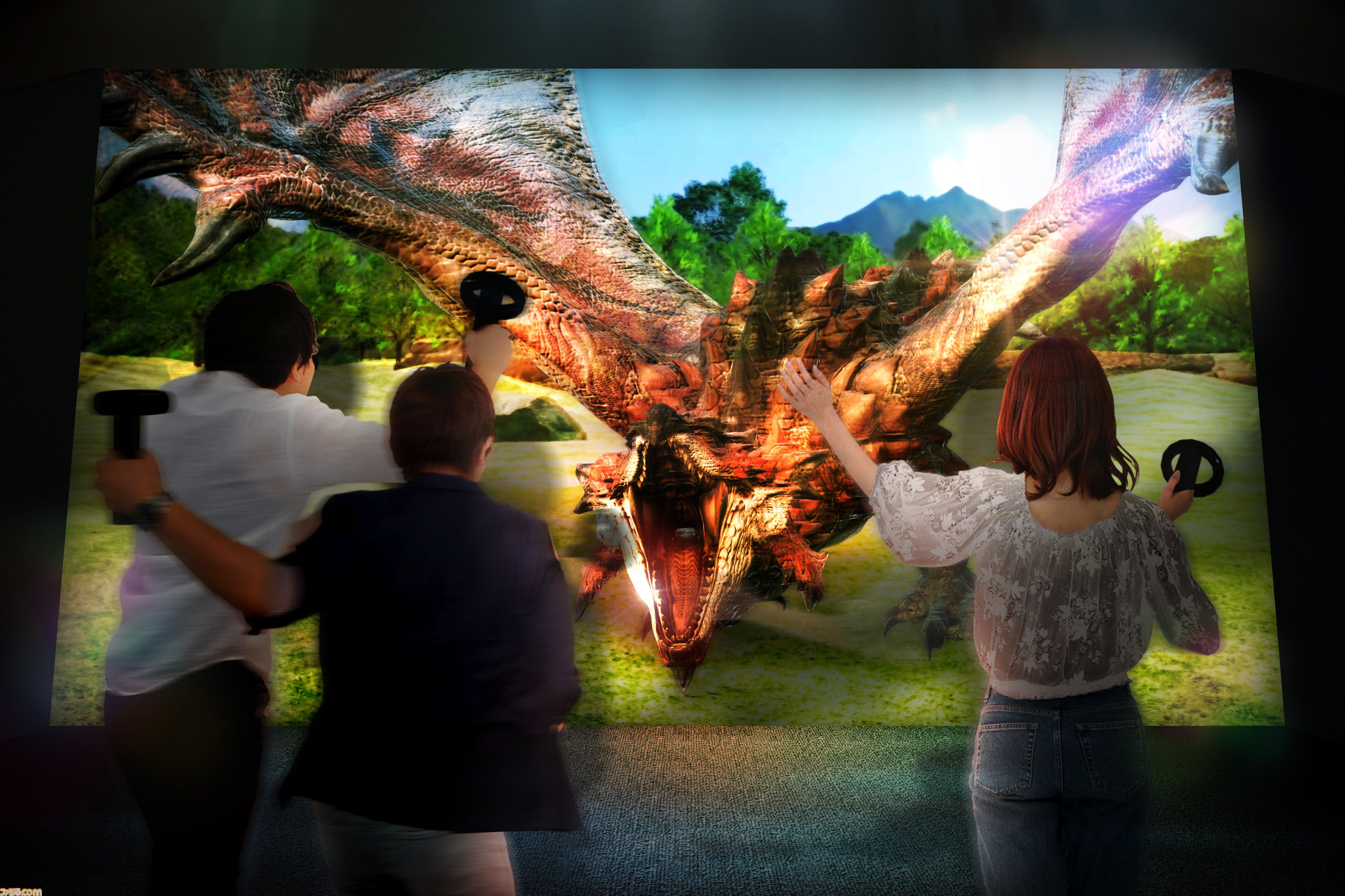 『モンハン』のコラボアトラクションが“淡路島ニジゲンノモリ”にて7月27日（土）より開催。約13万平方メートルの広大なフィールドを探索し、火竜“リオレウス”の討伐を目指す