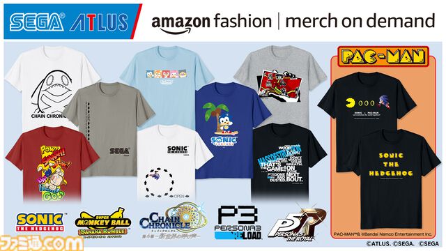 ソニック＆パックマン、ペルソナ、スーパーモンキーボールなどのTシャツが発売。セガ／アトラスのAmazon Merch on Demandストアがオープン