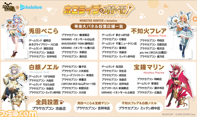 『モンハン』×ホロライブ3期生のコラボプライズが9月27日より展開。ぺこら、フレア、ノエル、マリンがオトモとおそろいの衣装に