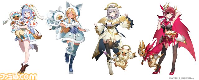 『モンハン』×ホロライブ3期生のコラボプライズが9月27日より展開。ぺこら、フレア、ノエル、マリンがオトモとおそろいの衣装に