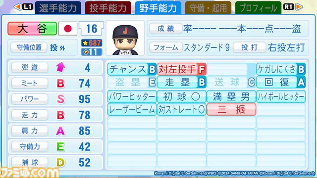 『パワプロ2024』大谷翔平　打者能力　バッター能力　球種“スイーパー”を備え、パワーは最強クラスの95。栄冠ナインや対決！レジェンドバトルなどで登場
