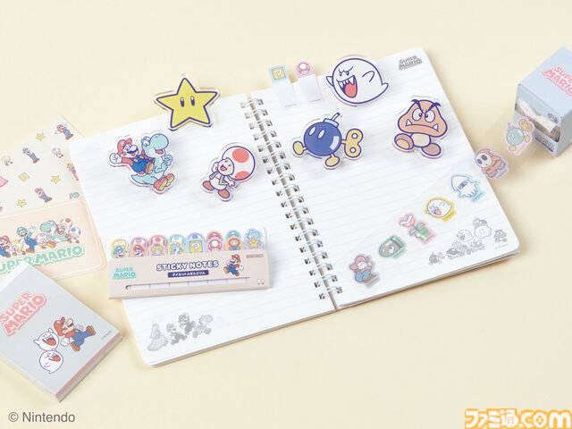 『スーパーマリオ』かわいいパステルカラーデザインのコラボ文具雑貨シリーズ1月下旬より発売。ノート、メモ、ポーチ、クリップなどデスク周りをマリオで彩る