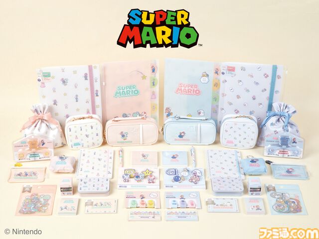 『スーパーマリオ』かわいいパステルカラーデザインのコラボ文具雑貨シリーズ1月下旬より発売。ノート、メモ、ポーチ、クリップなどデスク周りをマリオで彩る
