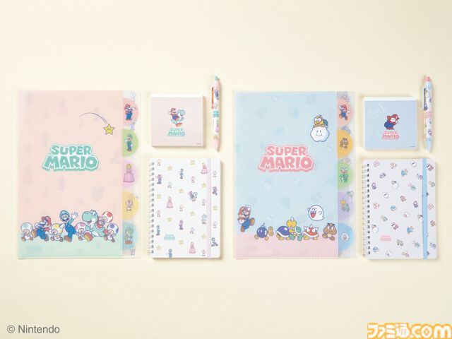 『スーパーマリオ』かわいいパステルカラーデザインのコラボ文具雑貨シリーズ1月下旬より発売。ノート、メモ、ポーチ、クリップなどデスク周りをマリオで彩る