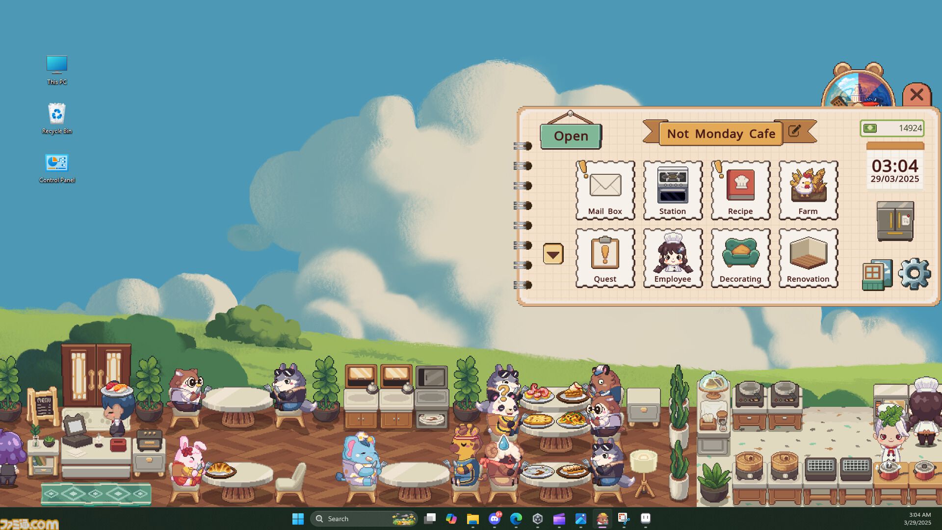 月曜が来ないカフェ』PC画面を使ったカフェ経営放置ゲーム。Youtubeや