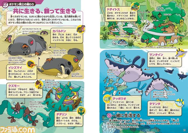 カバルドンとイシズマイは共生関係？　“ポケモン生態図鑑”本文ページが公開。他にもピジョットとカイリューの速さ比べなど、気になる生態が図解と解説でバッチリ紹介