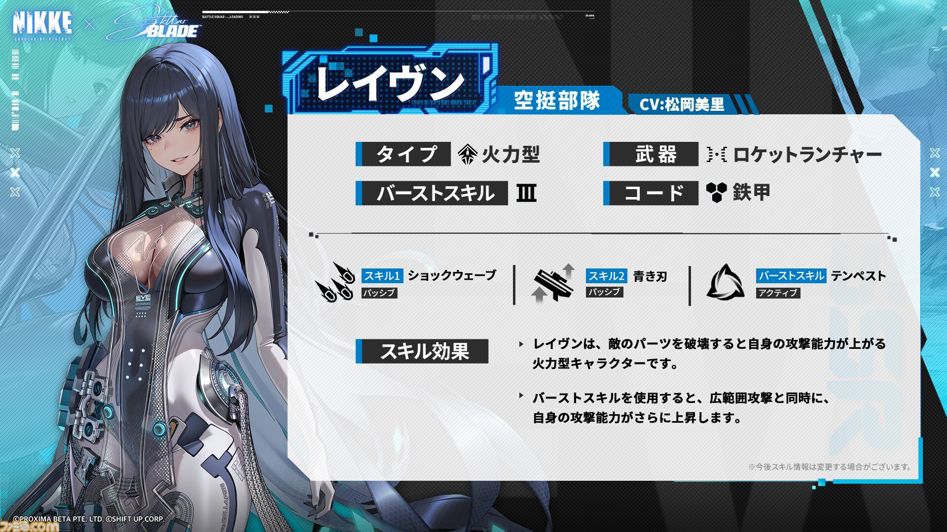 【NIKKE】レイヴン（声：松岡美里）実装決定。敵パーツ破壊で攻撃能力が上がる火力型キャラ、バーストは広範囲攻撃と同時に攻撃能力をさらに上昇【メガニケ×ステラーブレイドコラボ】
