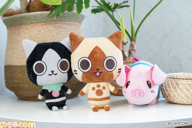 『モンハン』アイルー、プーギーのぬいぐるみがアミューズメント専用景品として6月下旬より登場。7月下旬からはこんがり肉のクッションも展開