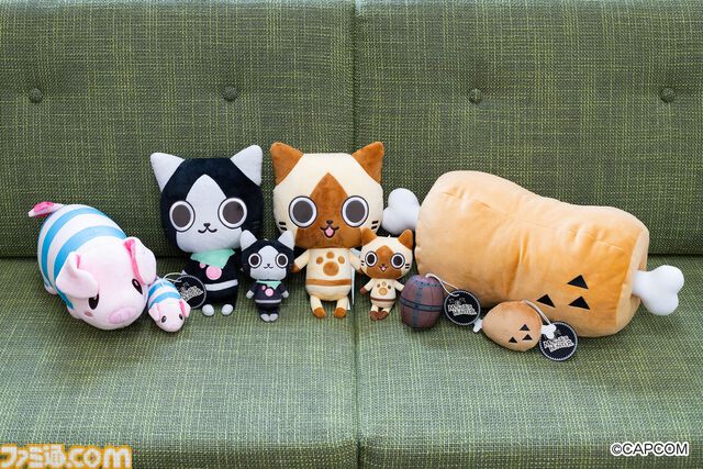 『モンハン』アイルー、プーギーのぬいぐるみがアミューズメント専用景品として6月下旬より登場。7月下旬からはこんがり肉のクッションも展開