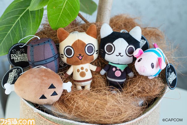 『モンハン』アイルー、プーギーのぬいぐるみがアミューズメント専用景品として6月下旬より登場。7月下旬からはこんがり肉のクッションも展開
