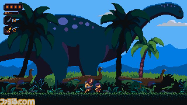 『プライマルプラネット』左に恐竜、右にエイリアンのカオスな異星。原始人が妻子を守るSFドット探索型アクション発売