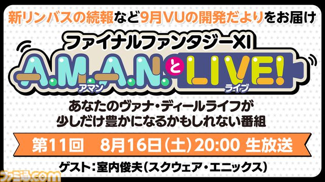 『FF11』のバラエティ番組“A.M.A.N.とLIVE！（アマンとライブ！）”第11回が8月16日に放送。ゲストの室内俊夫さんとともに『FF11』のリアルイベントをふり返る